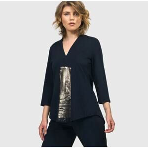 NWT Alembika Alaska V Neck Top 3/4 Sleeve Blue Gold Metallic Blouse 3 (10-12)